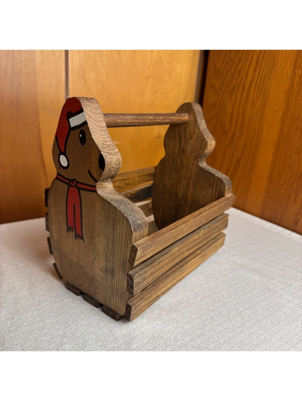 Vintage Wooden Teddy Bear Basket Christmas Storage Caddy Rustic Holiday Decor
